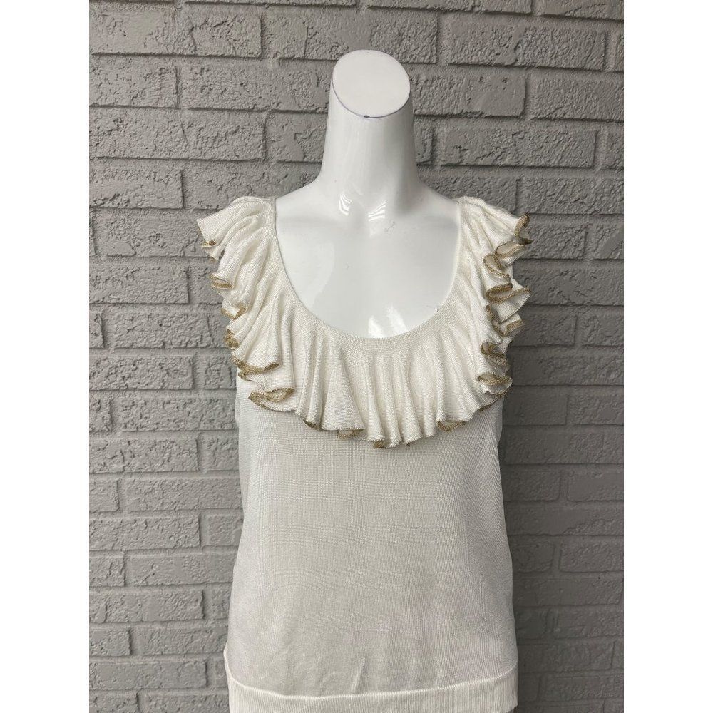 Ralph Lauren Ivory Ruffled Neckline With Gold Trim Sleeveless Knit Top Size M
